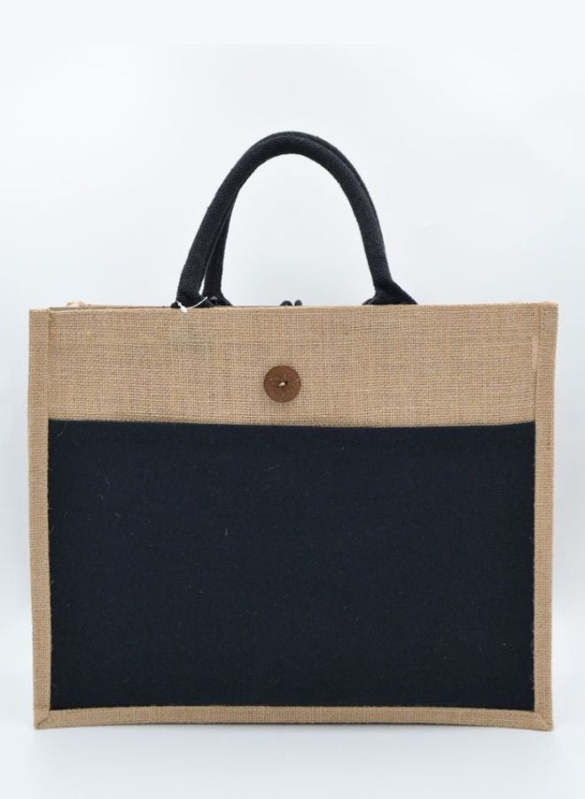 Fatio Set of 10 Eco-Friendly Jute Canvas Bags – Natural Jute & Black Canvas with Button - Image 2